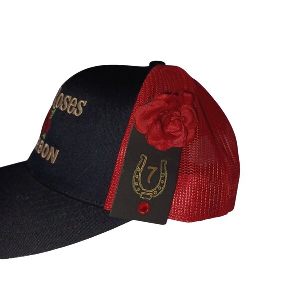 Trucker Hat Four Roses Bourbon Black Red Gold w/ Rose Hat Pin Mesh Snapback Cap - Picture 3 of 7